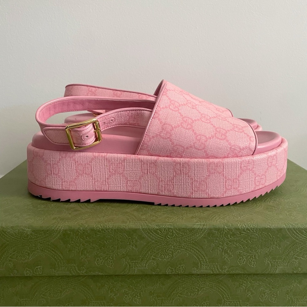 Gucci Angelina Pink GG Supreme Coated Canvas  Slingback Platform Sandals 38 - Picture 5 of 16